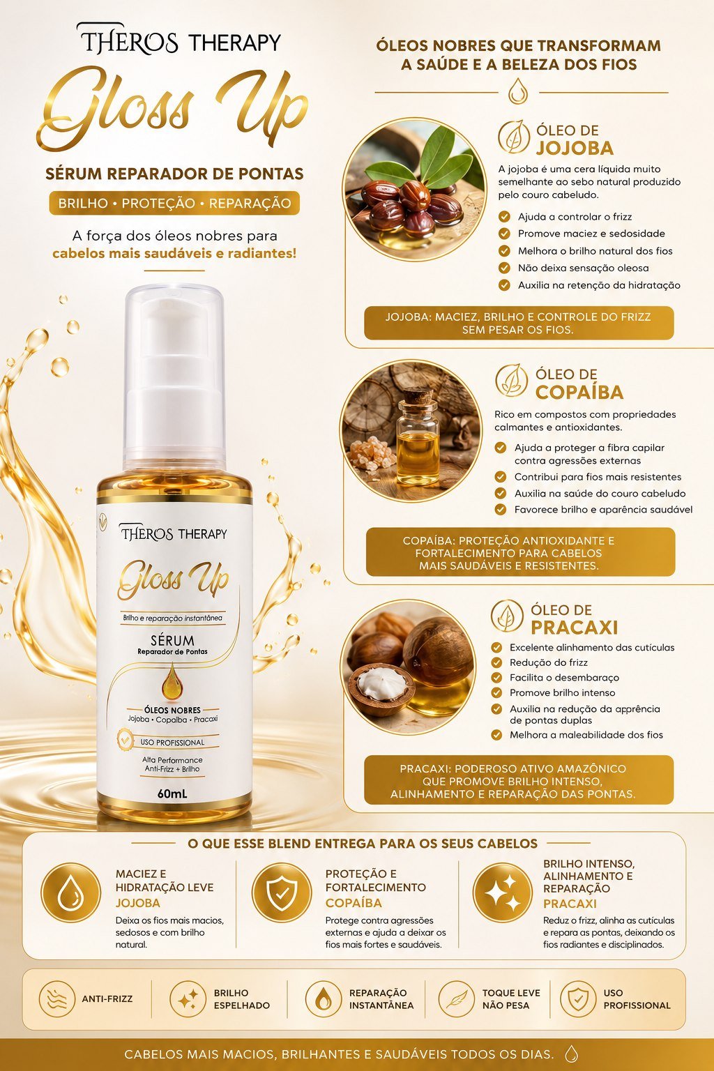Óleos nobres jojoba, copaíba e pracaxi do Gloss Up