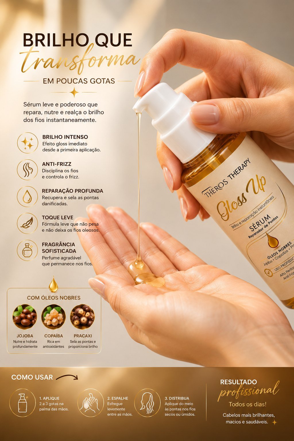 Aplicação do Gloss Up nas mãos — brilho que transforma em poucas gotas