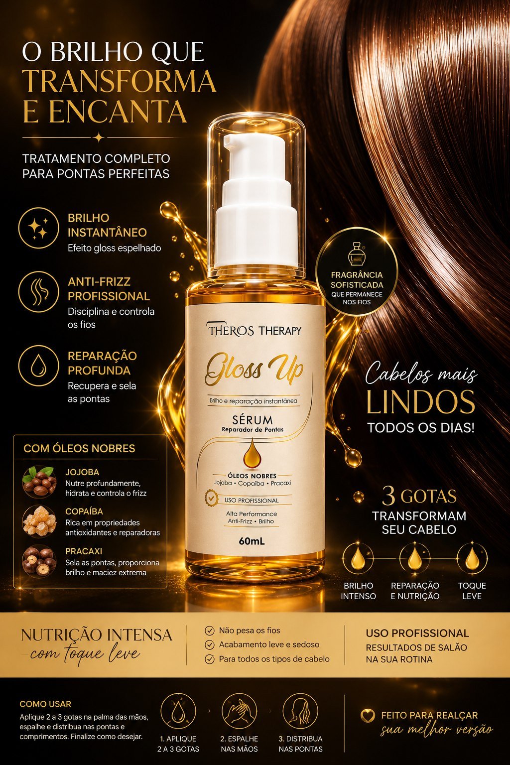Gloss Up sobre fundo escuro com fios de cabelo brilhantes