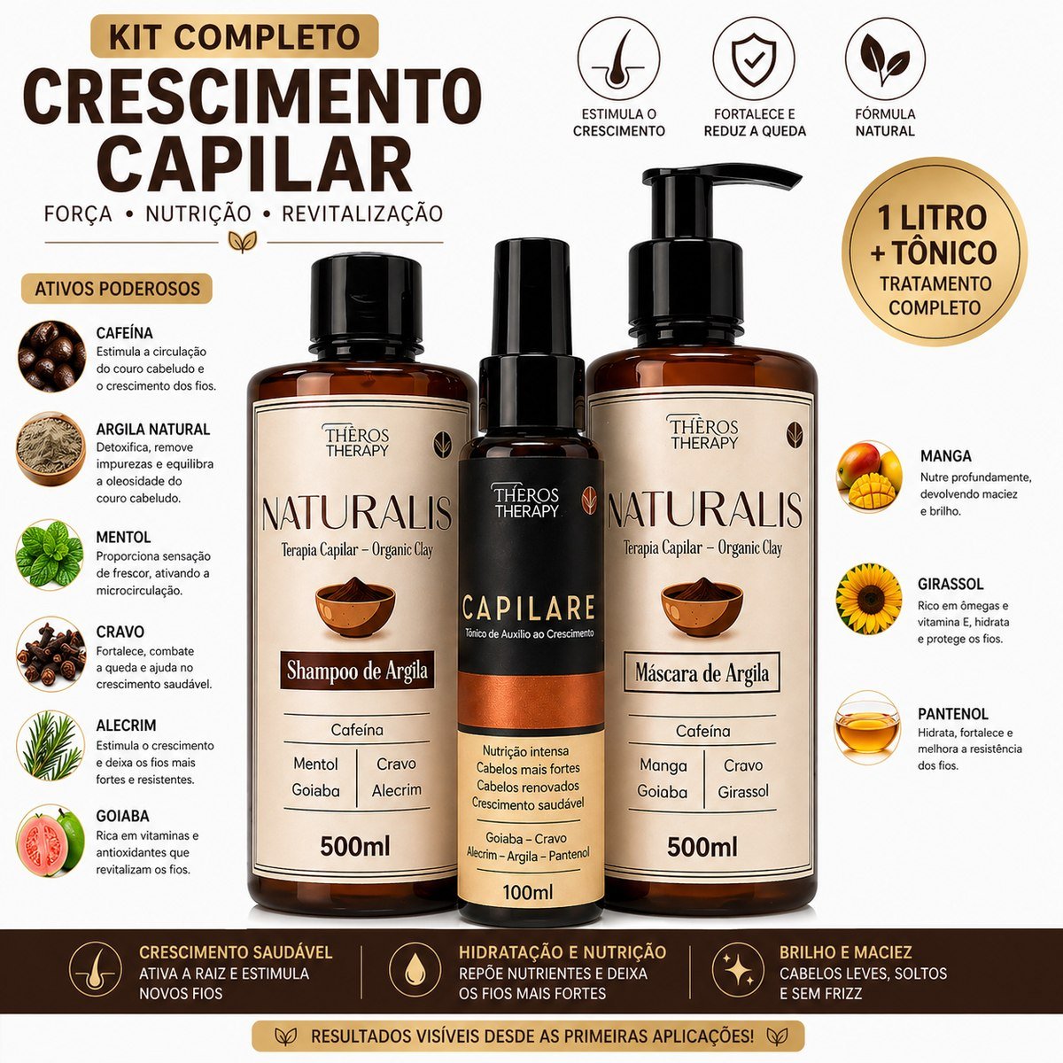 Kit Naturalis: shampoo, tônico Capilare e máscara de argila