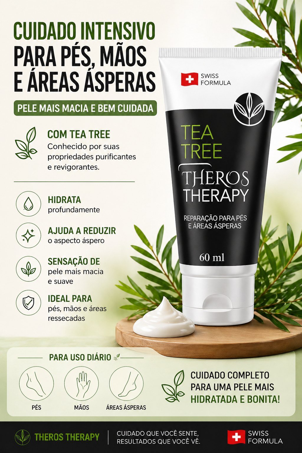 Cuidado intensivo para pés, mãos e áreas ásperas com Tea Tree
