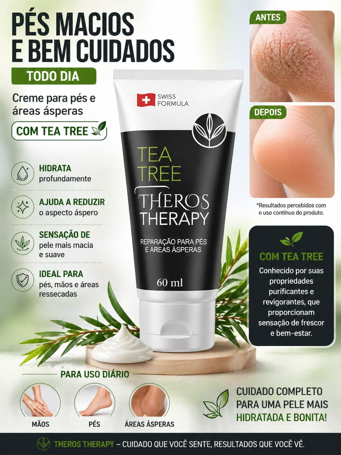 Creme Tea Tree para reparação de pés e áreas ásperas